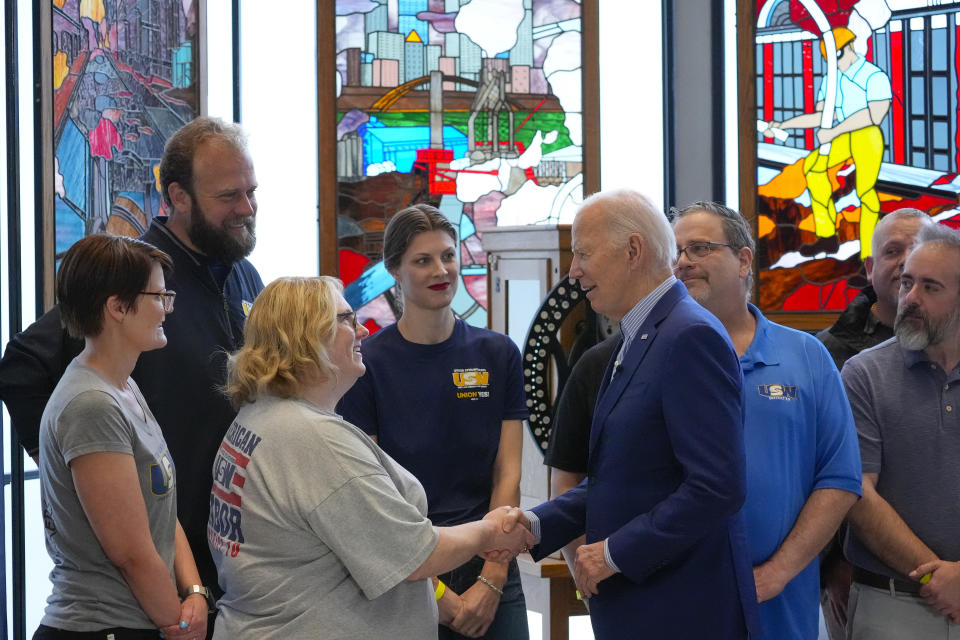 President Joe Biden greeting steelworkers at United Steelworkers Headquarters, Wednesday, April 17, 2024, in Pittsburgh, Pa. (AP Photo/Alex Brandon)