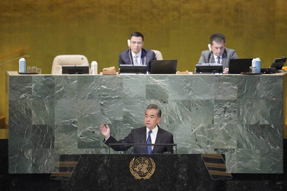 Foreign Minister of China Wang Yi addresses the 77th session of the United Nations General Assembly, Saturday, Sept. 24, 2022 at U.N. headquarters. (AP Photo/Mary Altaffer)