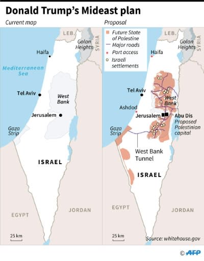 Map of Israel and Palestinian territories showing a proposed Mideast plan of US President Donald Trump, announced in Washington on Tuesday