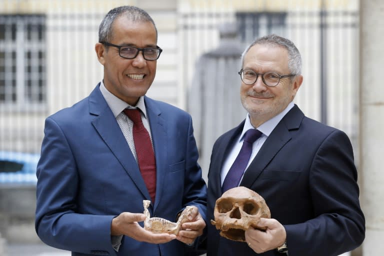 French paleoanthropologist Jean-Jacques Hublin (right) and Abdelouahed Ben-Ncer of Morocco's National Institute of Archaeology and Heritage Sciences