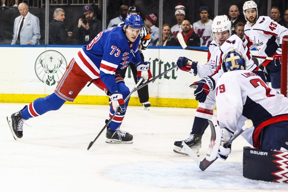 Apr 21, 2024; New York, New York, USA; New York Rangers center Matt Rempe (73) scores a goal in the second period against the Washington Capitals in game one of the first round of the 2024 Stanley Cup Playoffs at Madison Square Garden.
