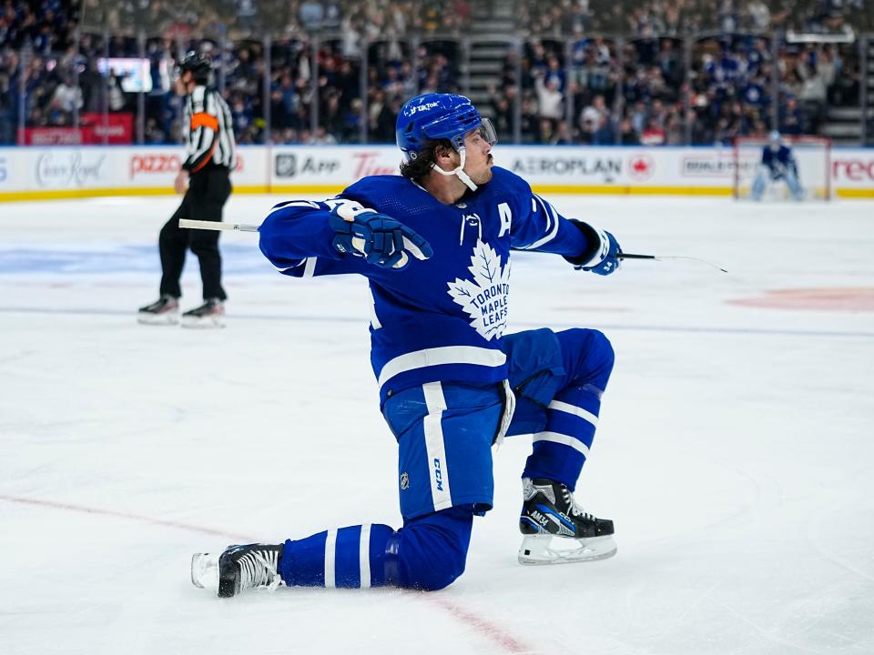 Toronto Maple Leafs forward Auston Matthews celebrates after scoring his 60th goal of the season.
