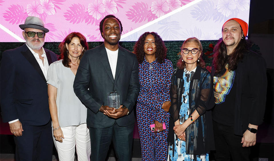 Mike O'Malley, Dawn Steinberg, Tari Wariebi, Kathryn Busby, Jinko Gotoh, and Jeff Negus attend the Yugo BAFTA Student Awards on July 27, 2023 in Los Angeles, California.