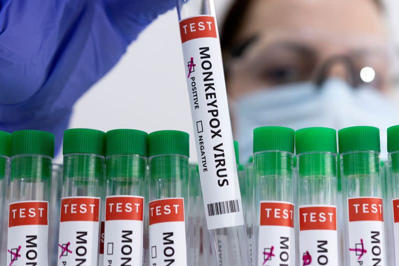 Illustration shows test tubes labelled "Monkeypox virus positive\