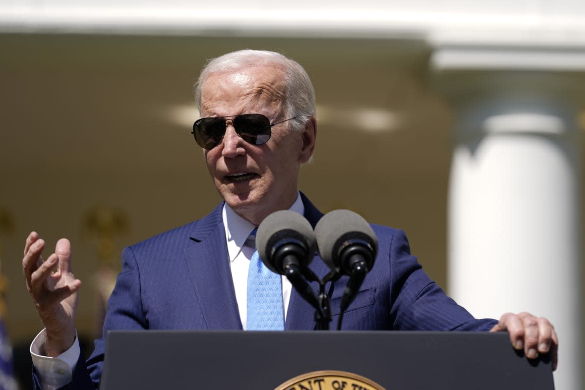 President Joe Biden speaks in the Rose Garden of the White House in Washington, Tuesday, April 18, 2023, about efforts to increase access to child care and improve the work life of caregivers. (AP Photo/Patrick Semansky)