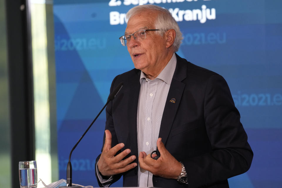 European Union foreign policy chief Josep Borrell speaks during a media conference at the conclusion of a meeting of EU foreign ministers at the Brdo Congress Center in Kranj, Slovenia, Friday, Sept. 3, 2021. European Union officials listed Friday a set of conditions to the Taliban including the respect of human rights and rule of law that should define the level of engagement the 27-nation bloc will develop with the new Afghanistan rulers. (AP Photo/Darko Bandic)