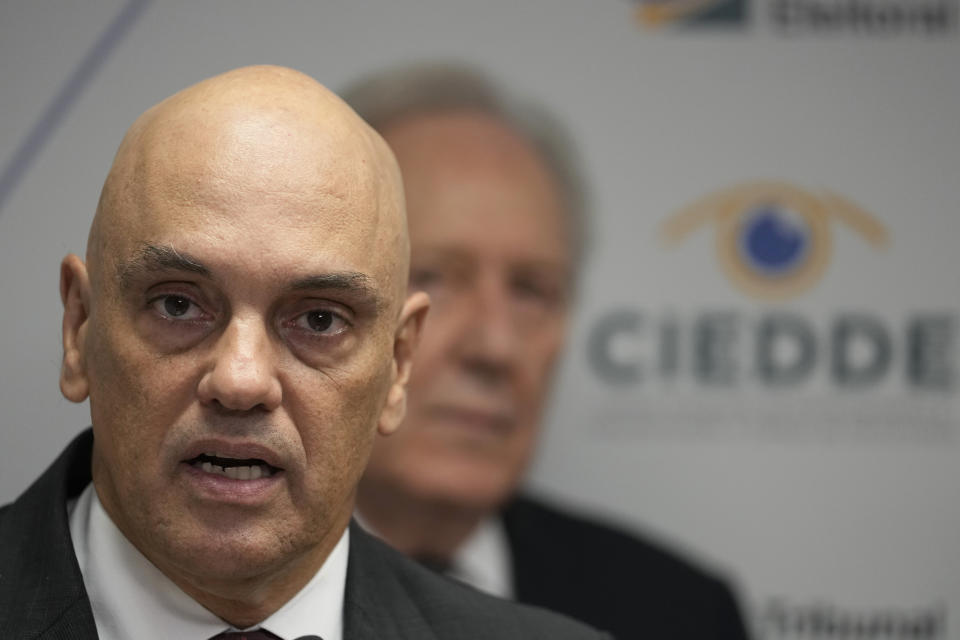 FILE - President of the Superior Electoral Court, Judge Alexandre de Moraes, speaks during the inauguration of the Center for Combating Disinformation and Defense of Democracy in Brasilia, Brazil, March 12, 2024. The Brazilian Supreme Court justice has included Elon Musk as a target in an ongoing investigation into digital militas, according to a copy of Moraes’ decision issued late Sunday, April 7. (AP Photo/Eraldo Peres, File)