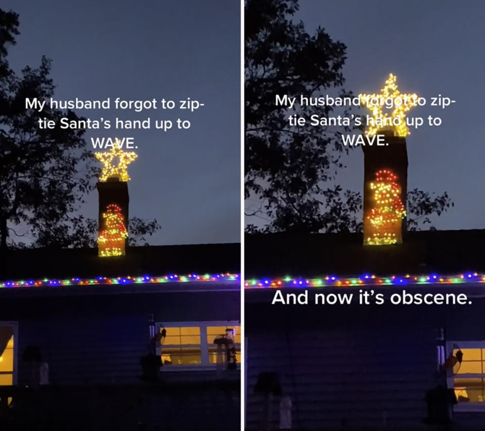 A woman has taken to TikTok to share a hilarious 'mistake' on her Christmas lights, where Santa appears to be doing something X-rated. Photo: TikTok/ambieannzzz