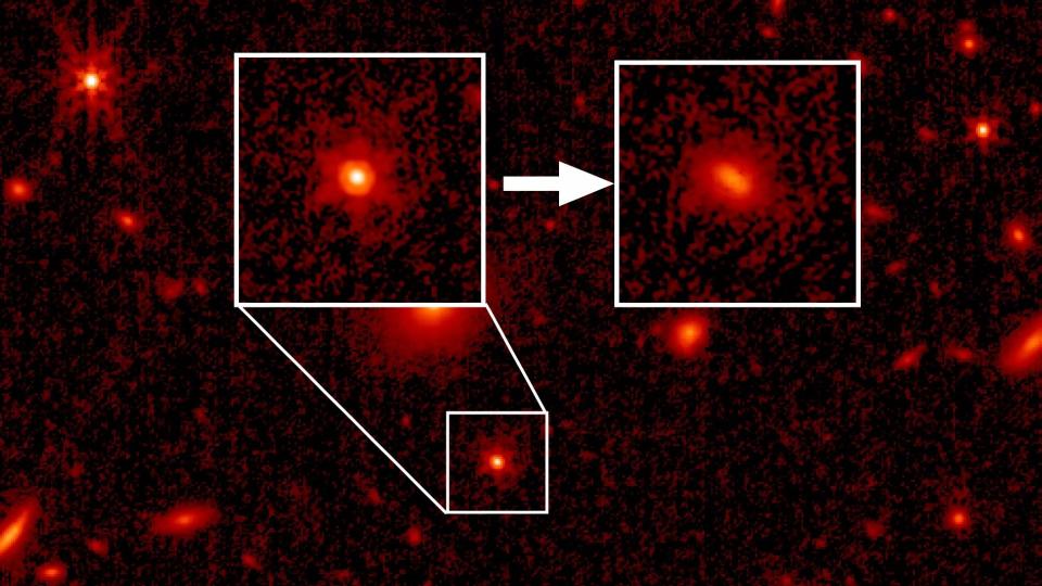  a black hole appears as a red smudge in a telescope image 