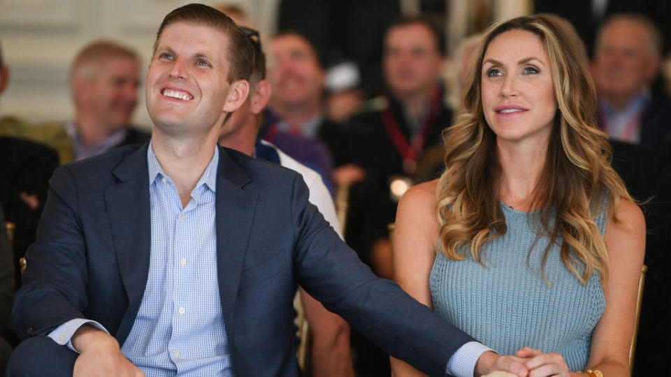 Eric Trump and his wife Lara attend the opening Trump Turnberry's new golf course the King Robert The Bruce course on June 28, 2017 in Turnberry, Scotland.