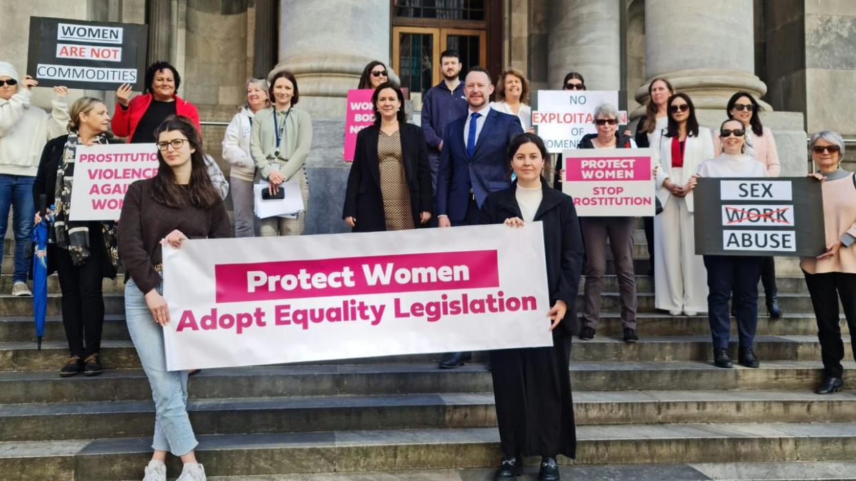 Supporters of Nicola Centofanti's sex-work Bill gather on the steps of Parliament House. Picture: Supplied