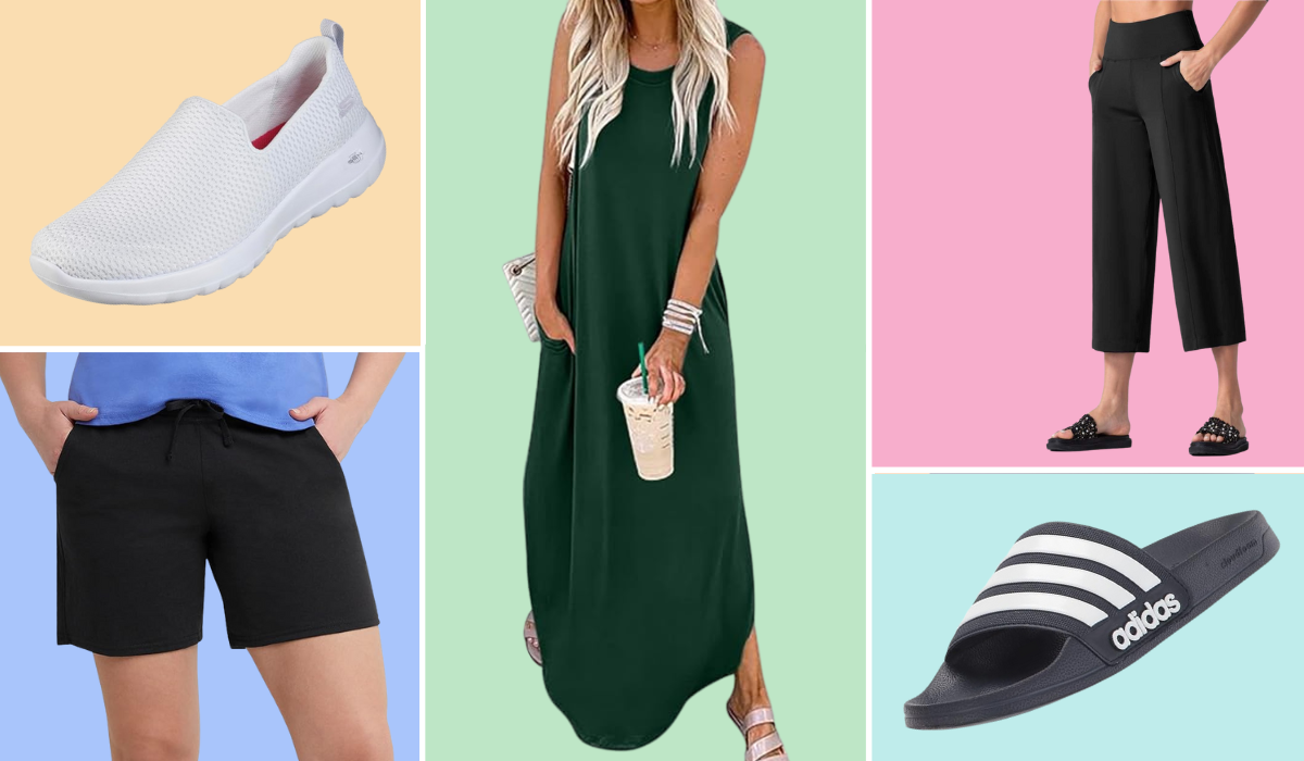 Skechers Go Walk shoe, Hanes shorts, green maxi tank dress, culotte-style capris, and classic Adidas striped slide sandal