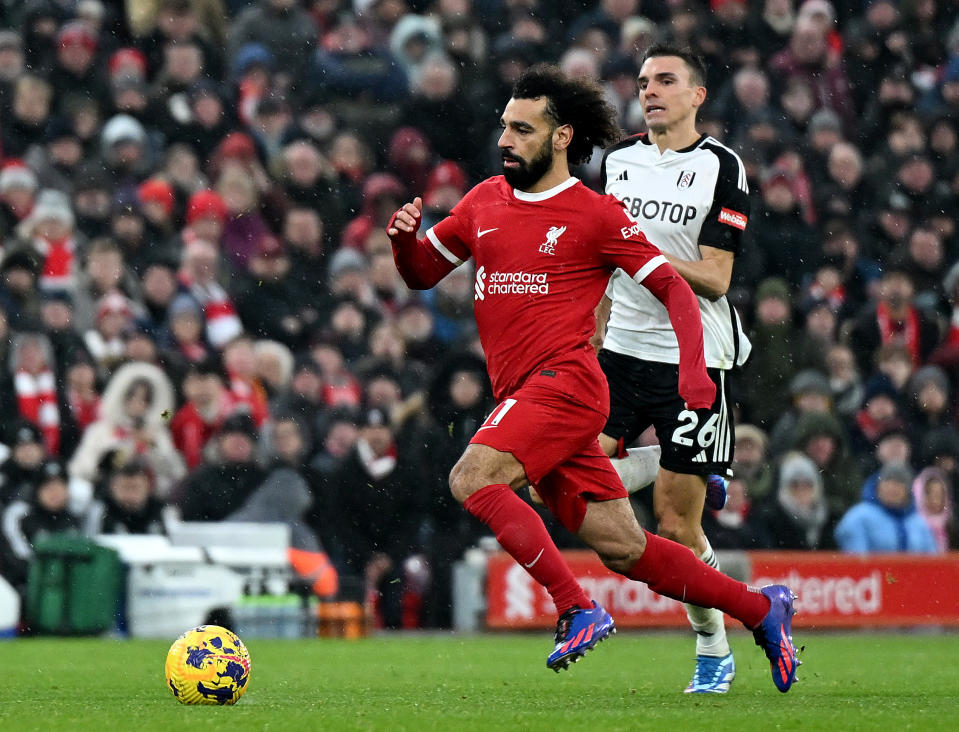 Liverpool forward Mohamed Salah in action during the English Premier League match against Fulham at Anfield. 