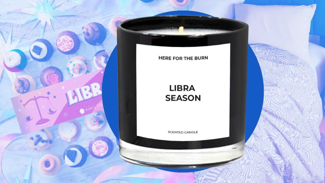 cupcakes, bed sheets, candles, and other gifts for libras