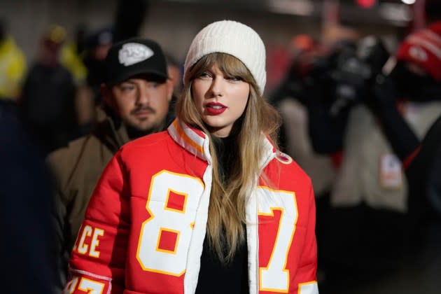 Taylor Swift wears a Kansas City Chiefs tight end Travis Kelce jacket as she arrives before an NFL wild-card playoff football game between the Chiefs and the Miami Dolphins Saturday, Jan. 13, 2024, in Kansas City, Mo.  - Credit: Ed Zurga/AP