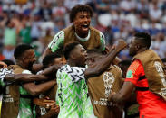 Soccer Football - World Cup - Group D - Nigeria vs Iceland - Volgograd Arena, Volgograd, Russia - June 22, 2018 Nigeria's Ahmed Musa celebrates scoring their first goal with team mates REUTERS/Toru Hanai