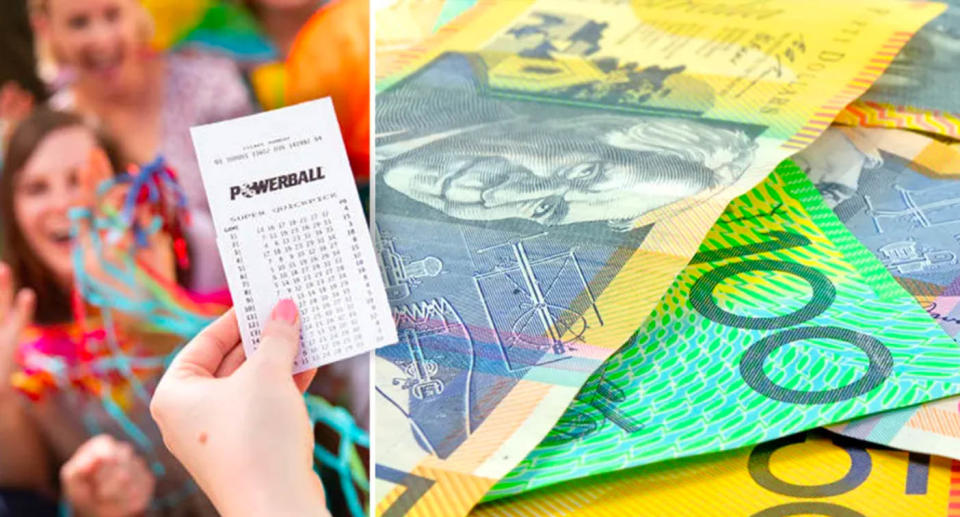 A w oman holds up a Powerball ticket in front of people and Australian cash notes.