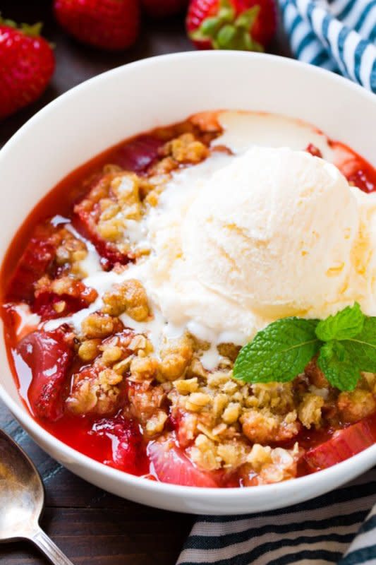 <p>Cooking Classy</p><p>This one is perfect right from the oven topped with a scoop of ice cream.</p><p><strong>Get the recipe: <a href="https://www.cookingclassy.com/strawberry-rhubarb-crisp/" rel="nofollow noopener" target="_blank" data-ylk="slk:Strawberry Rhubarb Crisp;elm:context_link;itc:0;sec:content-canvas" class="link ">Strawberry Rhubarb Crisp</a></strong></p>