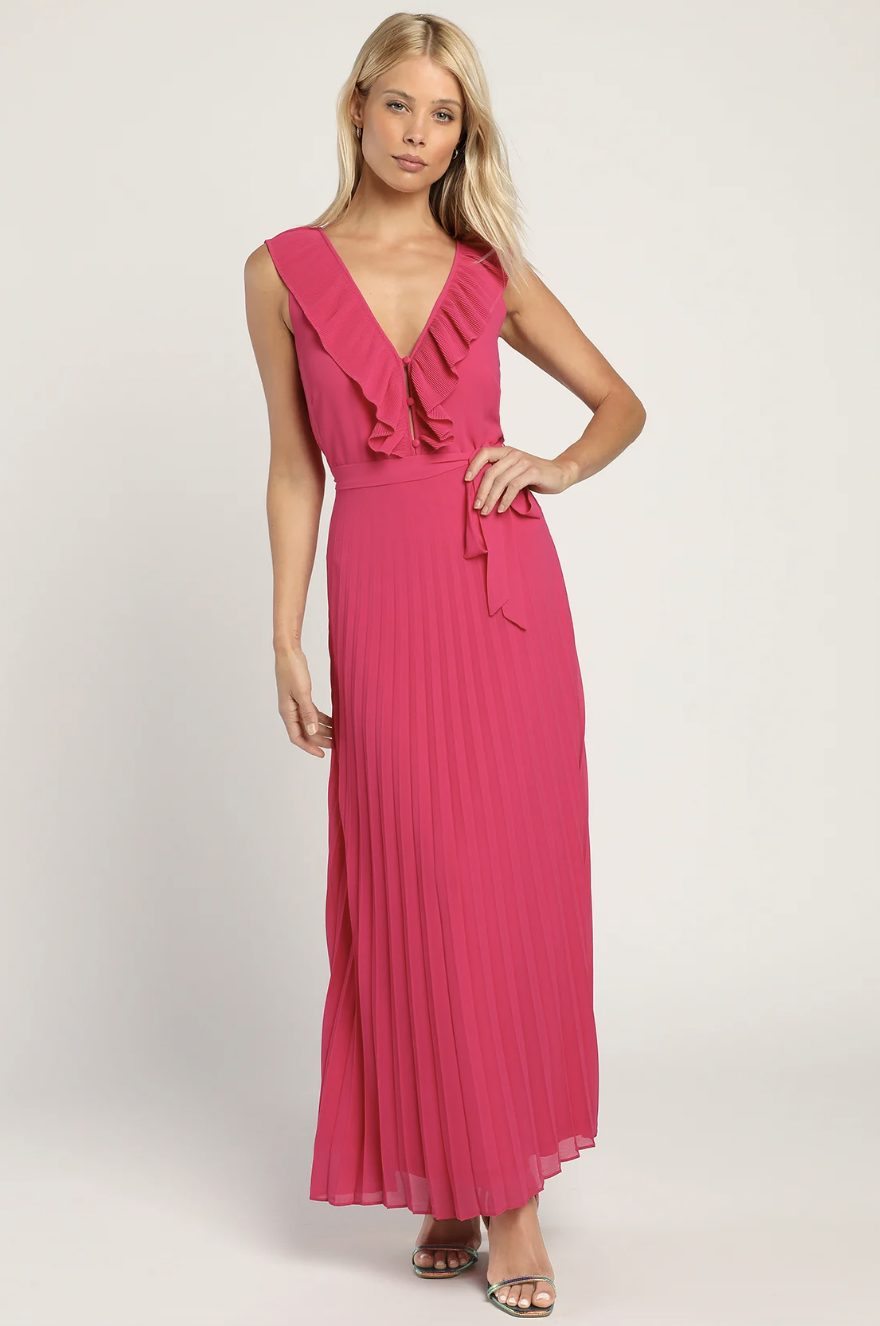 blonde model wearing hot pink maxi dress, Lulus Loved By You Chiffon Maxi Dress (Photo via Lulus)