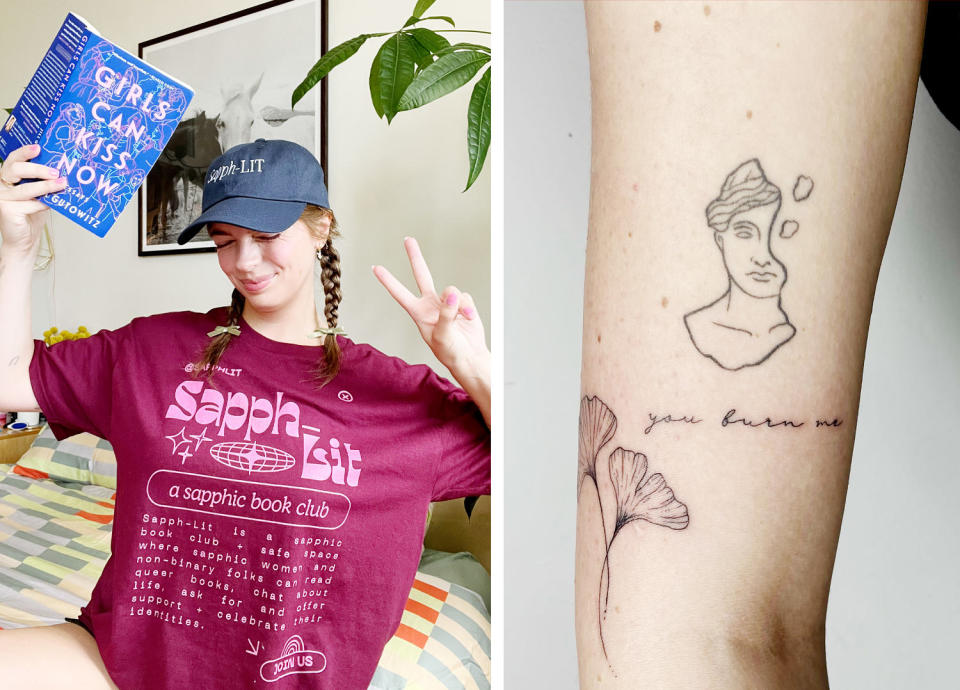 Nina Haines, founder of Sapph-Lit, and her Sappho tattoo, inked by Yink of Golden Hour Tattoo in Brooklyn, N.Y. (Courtesy of Nina Haines)