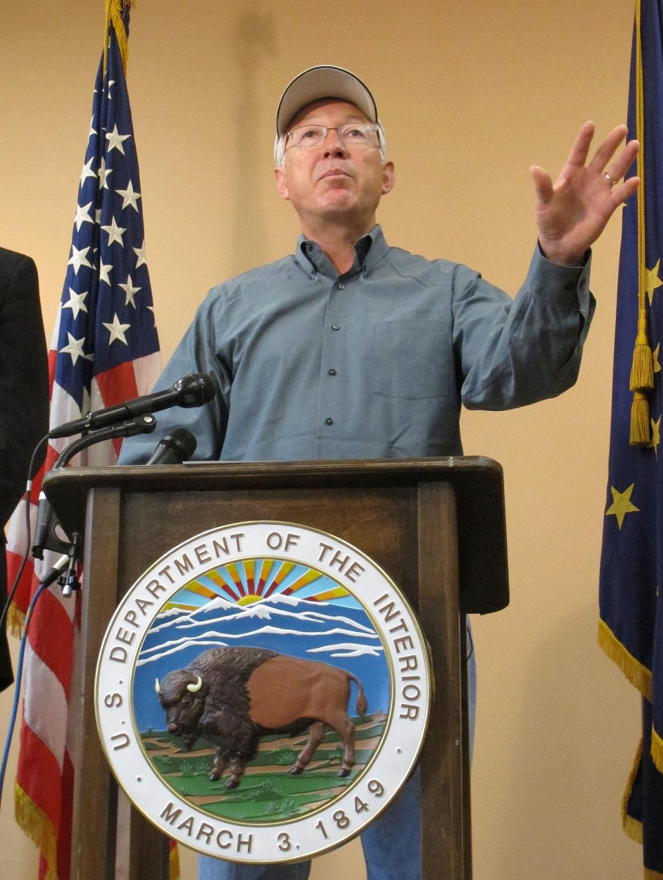 U.S. Interior Secretary Ken Salazar speaks during a news conference Monday, Aug. 13, 2012, in Anchorage, Alaska. Salazar said the proposed plan for the National Petroleum Reserve-Alaska will leave more than half of the 23-million acre reserve available for development or construction of infrastructure, such as a pipeline that could carry oil from leases in the Chukchi Sea to the trans-Alaska pipeline. (AP Photo/Mark Thiessen)