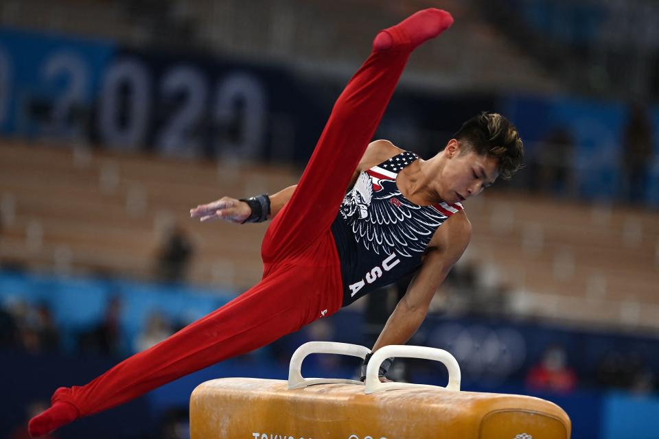 The United States' Yul Moldauer competes in the pommel horse event of the artistic gymnastics men's team final during the 2020 Tokyo Olympic Games. 