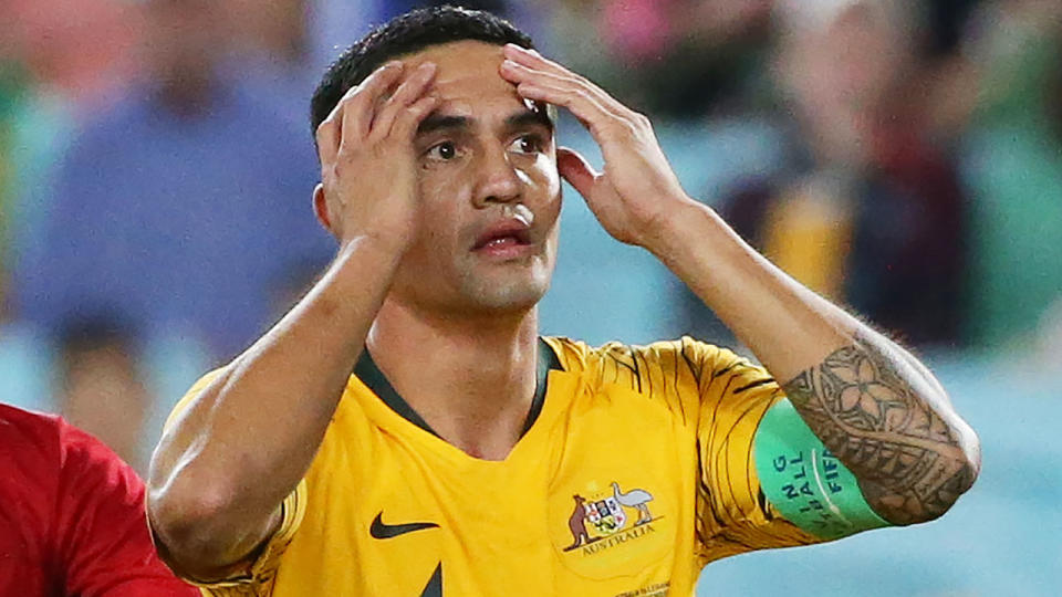 Tim Cahill couldn’t score in his final Socceroos game. Pic: Getty