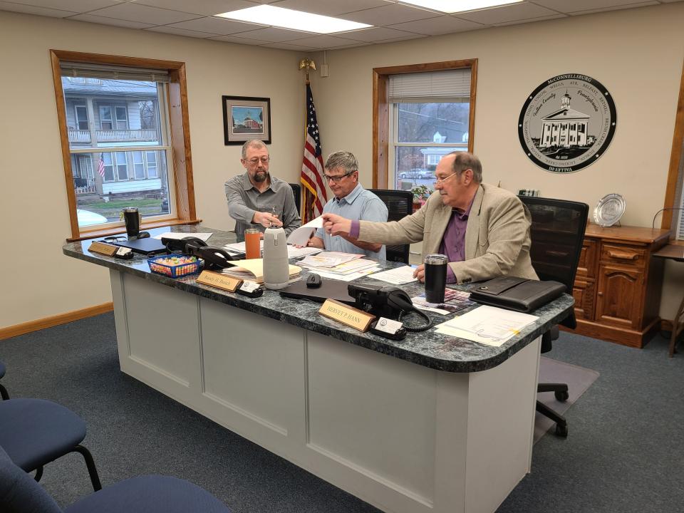 Fulton County commissioners, from left, Steven Wible, Randy Bunch and Hervey Hann, at their regular board meeting March 5.