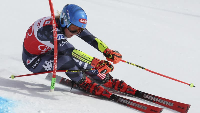 United States’ Mikaela Shiffrin speeds down the course during an alpine ski, women’s World Cup giant slalom race, — in Are, Sweden, Friday, March 10, 2023 — on her way to beating the record for most World Cup race wins.