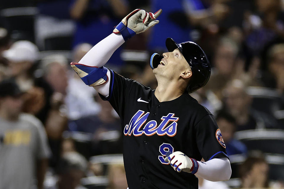 New York Mets' Brandon Nimmo reacts after hitting a home run against the Seattle Mariners during the sixth inning of a baseball game Friday, Sept. 1, 2023, in New York. (AP Photo/Adam Hunger)