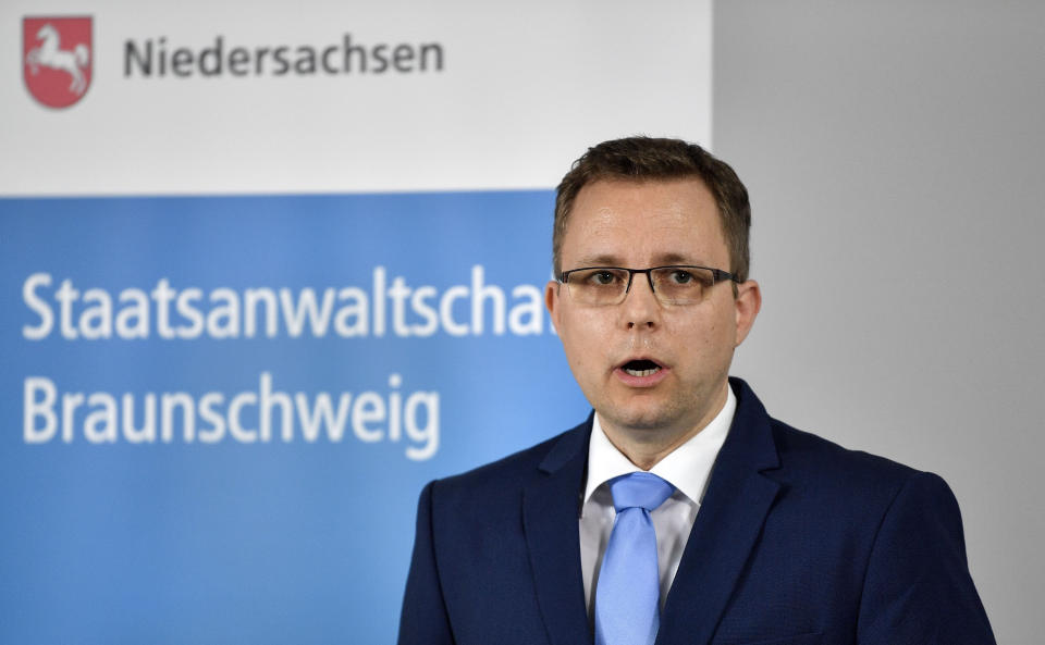 First Prosecutor Hans Christian Wolters addresses the media during a press conference on the Madeleine McCann case at the public prosecutor's office in Braunschweig, Germany, Thursday, June 4, 2020. A German man has been identified as a suspect in the case of a 3-year-old British girl who disappeared 13 years ago while on a family holiday in Portugal. (AP Photo/Martin Meissner)