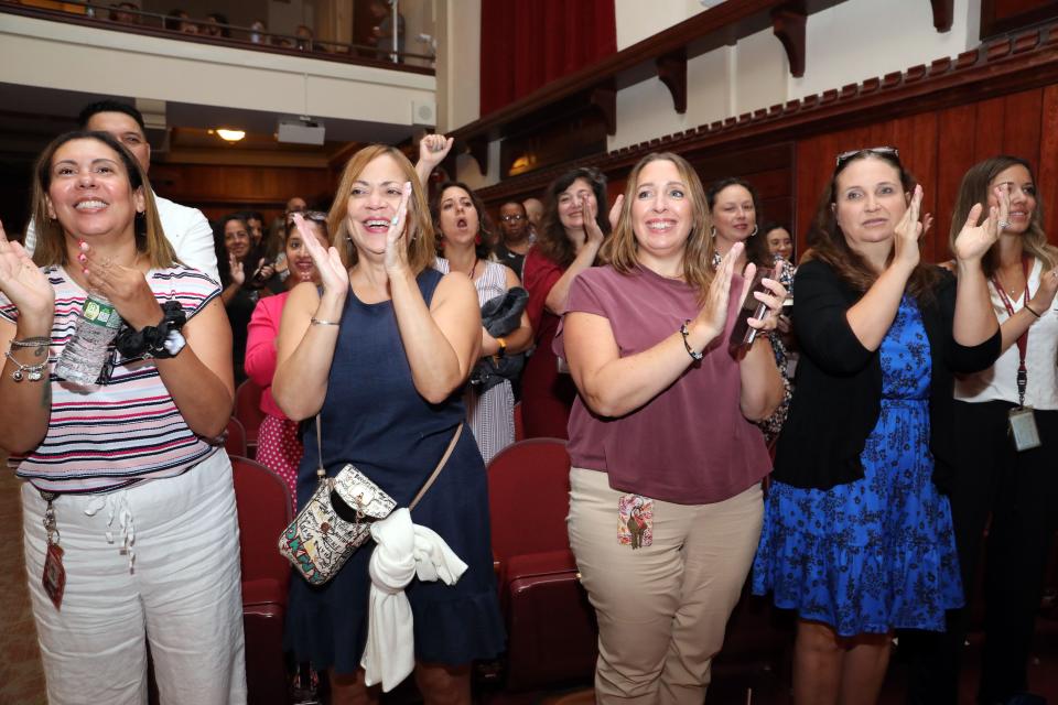 Staff members cheer for the marching band after their performance at the back to school staff assembly at Ossining High School Aug. 28, 2024. The Ossining High School's marching band has been invited to perform in the Pearl Harbor Memorial Parade in Hawaii on December 7, 2024.