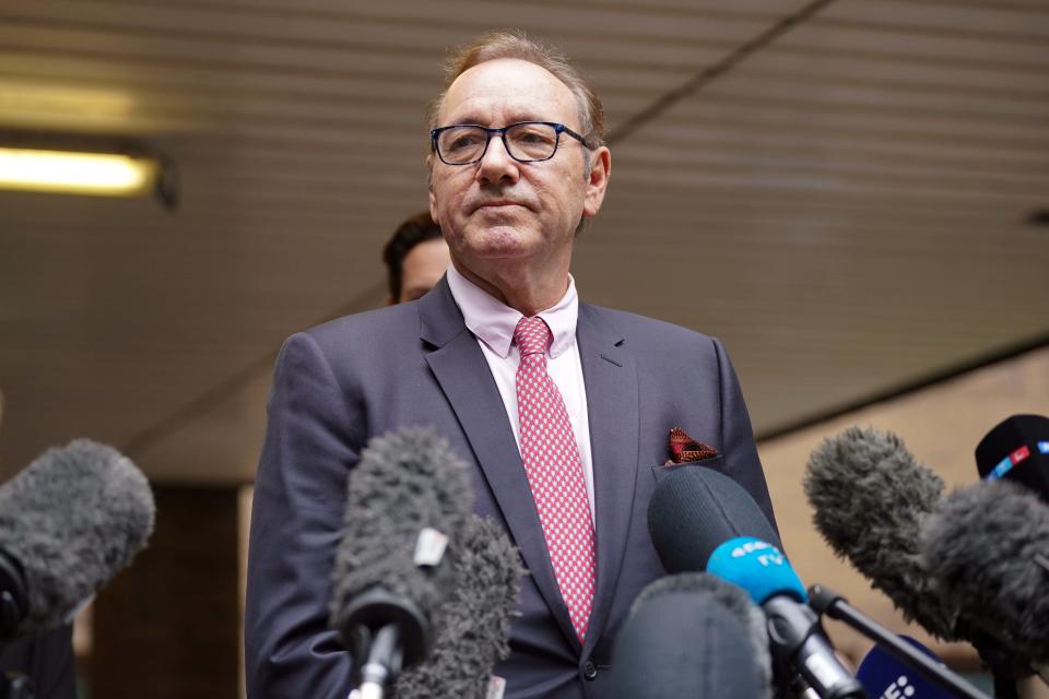 Actor Kevin Spacey speaks to the media outside Southwark Crown Court