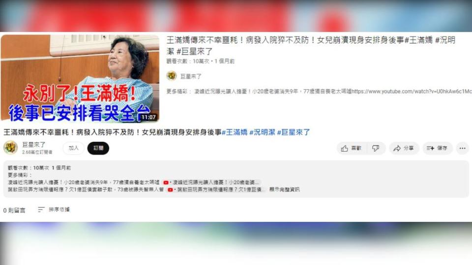YouTube出現一支名為「王滿嬌傳來不幸噩耗」的影片，流量高卻沒有任何留言。（圖／翻攝自YouTube）