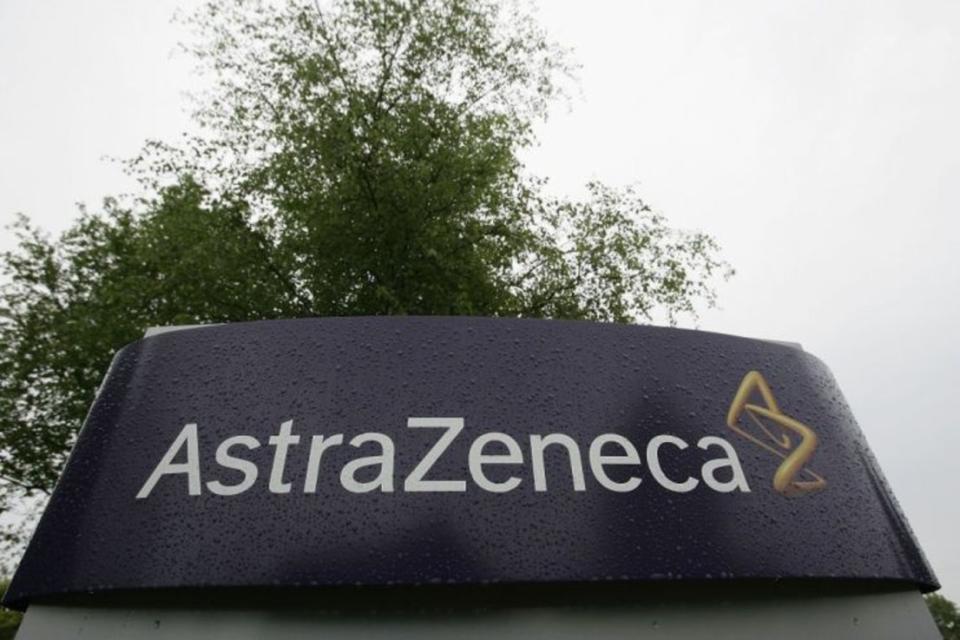 A company logo is seen at the AstraZeneca HQ