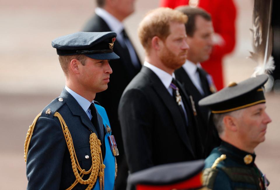 Britain's William, Prince of Wales and Britain's Prince Harry, Duke of Sussex, stand as the funeral procession passes Buckingham Palace (REUTERS)