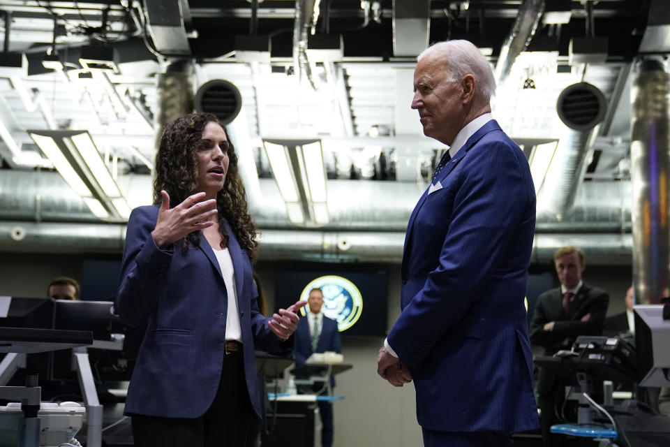 FILE - President Joe Biden talks with National Counterterrorism Center Director Christy Abizaid during a visit to the Office of the Director of National Intelligence in McLean, Va., July 27, 2021. This is Biden's first visit to an agency of the U.S. intelligence community. President Joe Biden and top national security officials have cited the recent strike killing al-Qaida head Ayman al-Zawahri as evidence that America maintains an “over-the-horizon” counterterrorism capacity in Afghanistan after the withdrawal. “The fact of those operations are, I think, reflective how serious this threat environment remains," Christy Abizaid. (AP Photo/Susan Walsh, File)