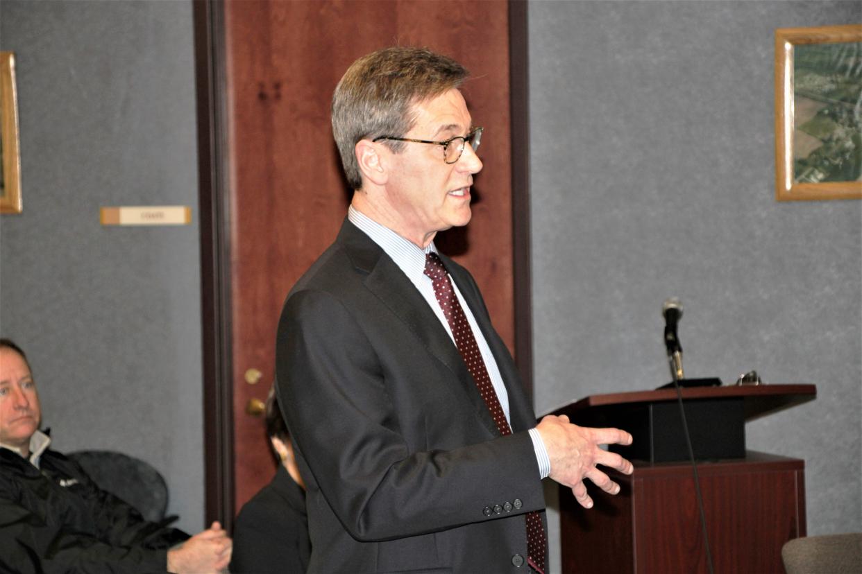 Attorney Scott North from the firm of Porter, Wright, Morris & Arthur LLP speaks on behalf of Chestnut Solar LLC during the Marion County Commissioners' meeting on Thursday, Feb. 9, 2023. The commissioners approved a resolution opposing the proposed Chestnut Solar facility in Pleasant Township.