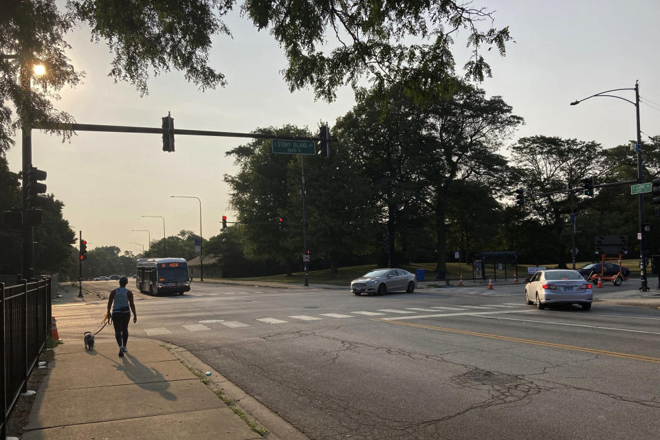 A pedestrian walks with a dog at the intersection of South Stony Island Avenue and East 63rd Street where the ShotSpotter technology is in use above the crossroads on Tuesday, Aug. 10, 2021, in Chicago. (AP Photo/Charles Rex Arbogast)