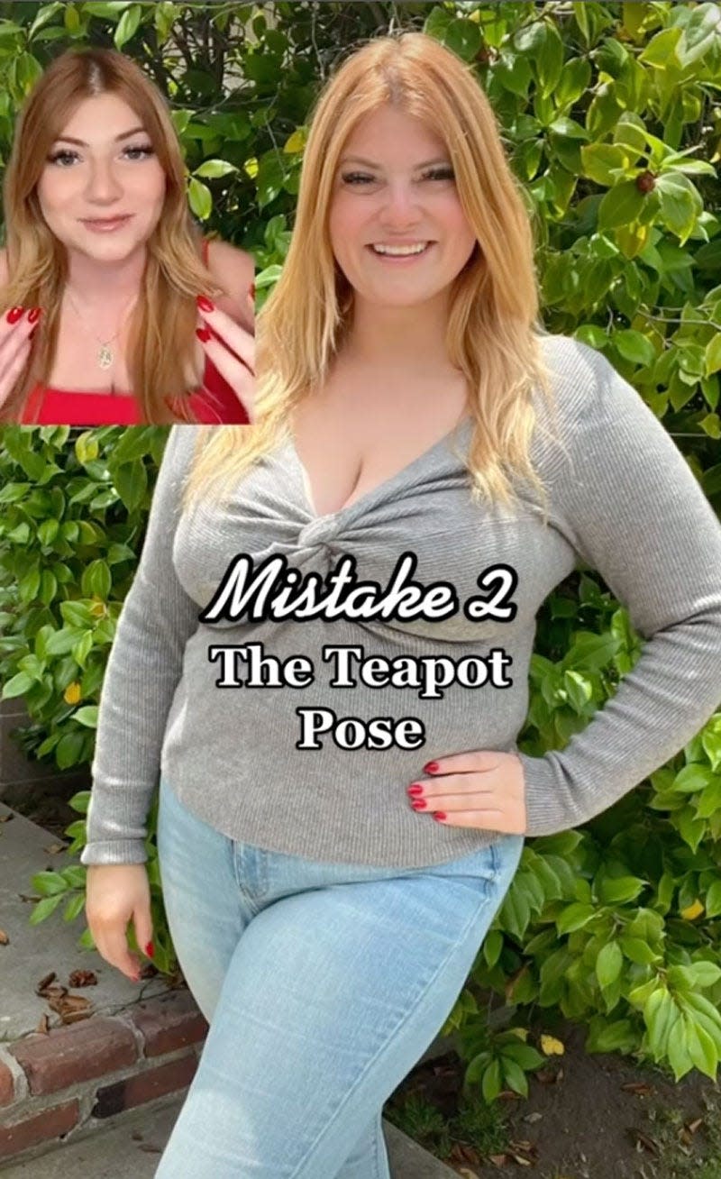 Screenshot of @lookgoodinphotos TikTok showing the teapot pose as the second mistake millennials do