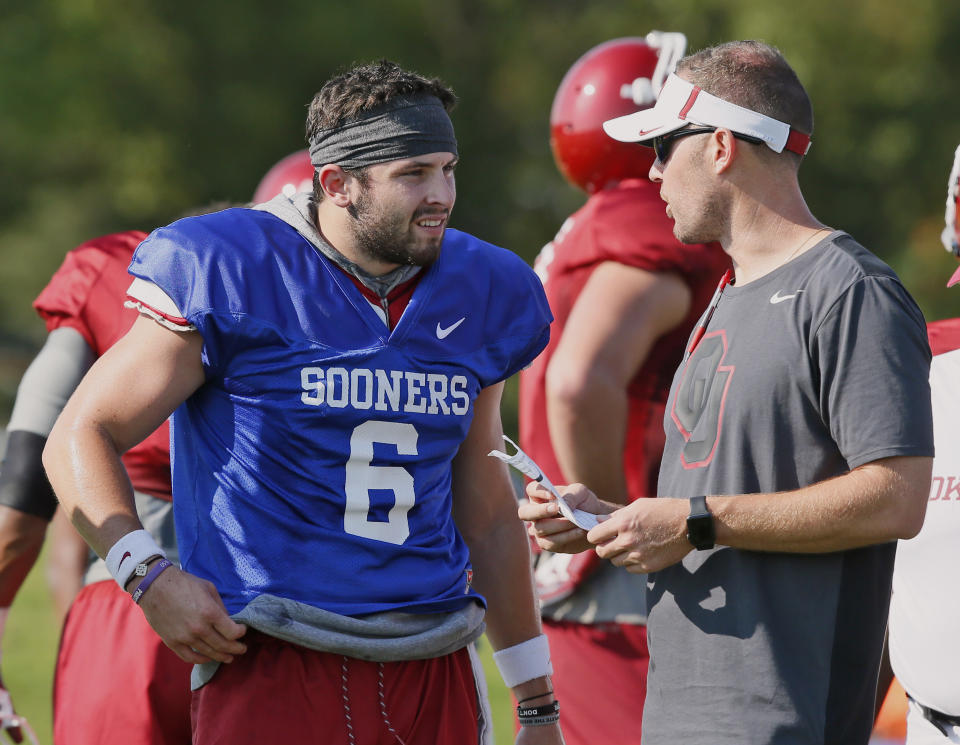 Oklahoma QB Baker Mayfield is back for his senior season with Lincoln Riley now as his head coach. (AP Photo/Sue Ogrocki, File)