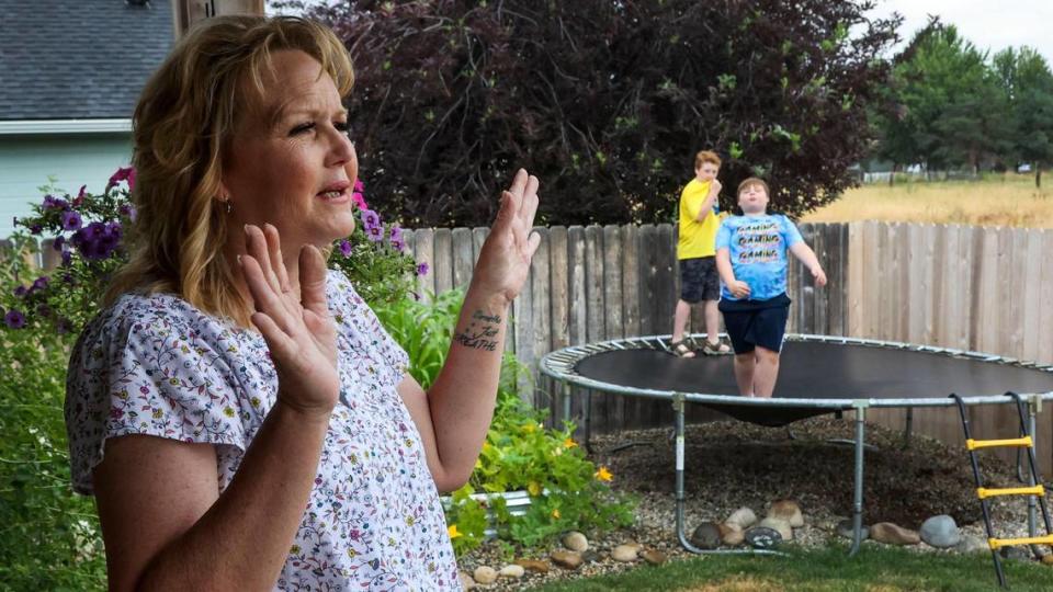 While her two boys Cash, 9, and Matt, 11, jump on the family trampoline in the backyard of their home in Emmett, Tricia Ellinger explains how two of her children were either restrained or placed in a seclusion room in the Emmett School District. Darin Oswald/doswald@idahostatesman.com