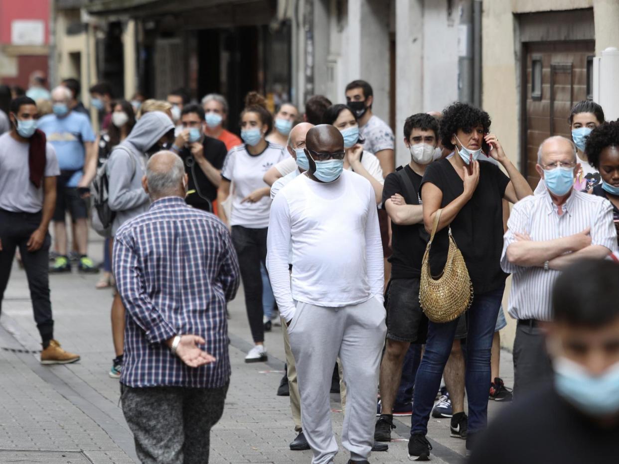 People queue up to be tested for coronavirus in Ordizia, Basque Country, Spain, on 6 July, 2020: Javi Colmenero/Europa Press via Getty Images