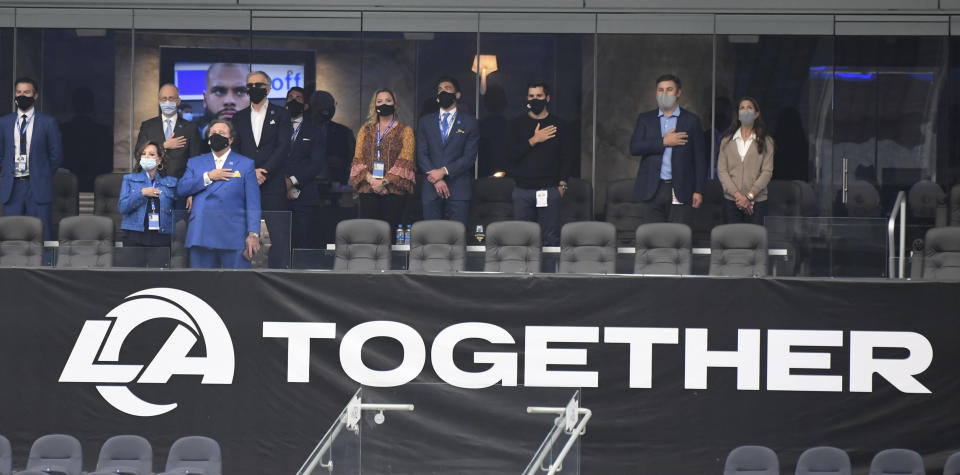 The Los Angeles Rams owners box during the National Anthem prior to a NFL football game against the Dallas Cowboys on opening night at SoFi Stadium in Inglewood on Sunday, September 13, 2020. (Keith Birmingham/The Orange County Register via AP)