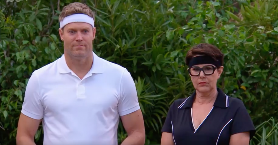 I’m A Celebrity’s Chris Brown and Julia Morris looking shocked.