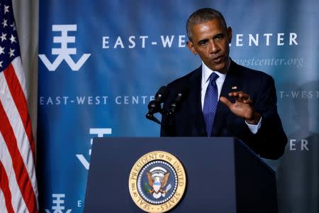 U.S. President Barack Obama delivers remarks to the Pacific Islands Conference of Leaders at the East West Center in Honolulu, Hawaii, U.S. August 31, 2016. REUTERS/Jonathan Ernst