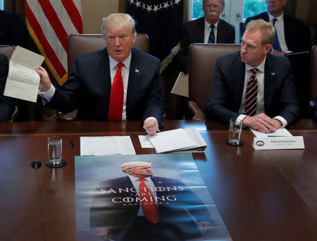 U.S. President Donald Trump (L) and Acting U.S. Defense Secretary Patrick Shanahan during a Cabinet meeting on day 12 of the partial U.S. government shutdown at the White House in Washington, U.S., January 2, 2019. REUTERS/Jim Young