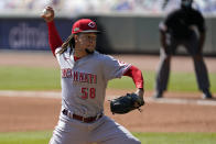 Cincinnati Reds starting pitcher Luis Castillo throws during the fifth inning in Game 2 of a National League wild-card baseball series against the Atlanta Braves, Thursday, Oct. 1, 2020, in Atlanta. (AP Photo/John Bazemore)