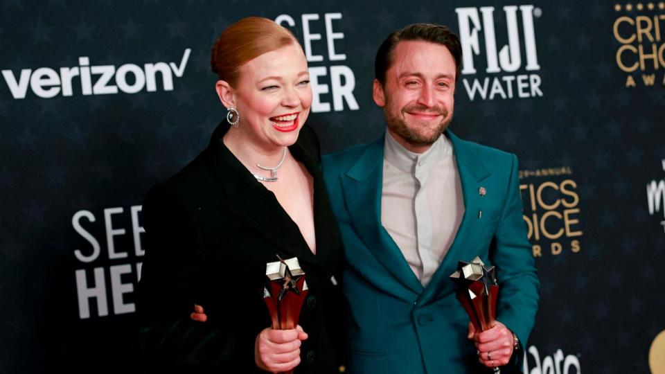 PHOTO: Sarah Snook and  Kieran Culkin pose in the press room during the 29th Annual Critics Choice Awards at the Barker Hangar in Santa Monica, Calif., on Jan. 14, 2024. (Michael Tran/AFP via Getty Images)