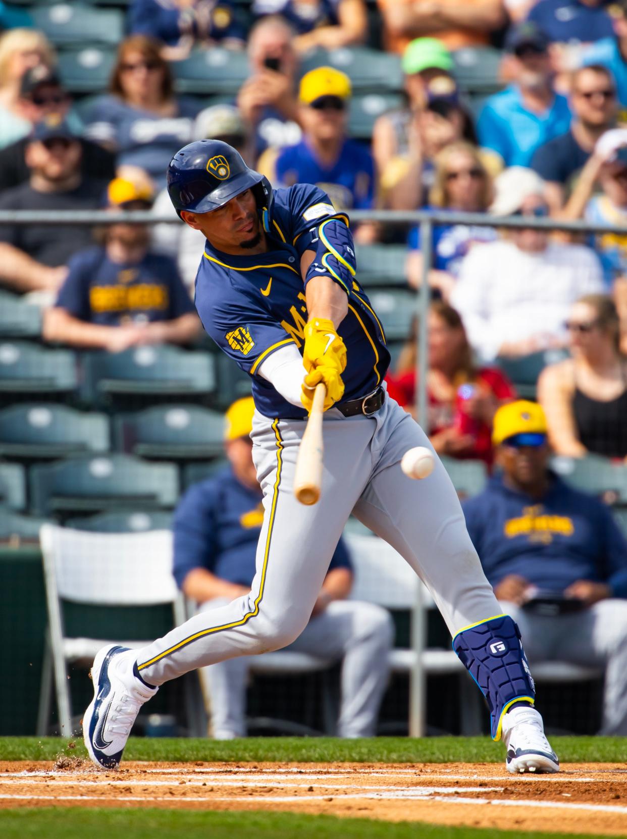 Feb 27, 2024; Tempe, Arizona, USA; Milwaukee Brewers infielder Willy Adames against the Los Angeles Angels during a spring training game at Tempe Diablo Stadium. Mandatory Credit: Mark J. Rebilas-USA TODAY Sports
